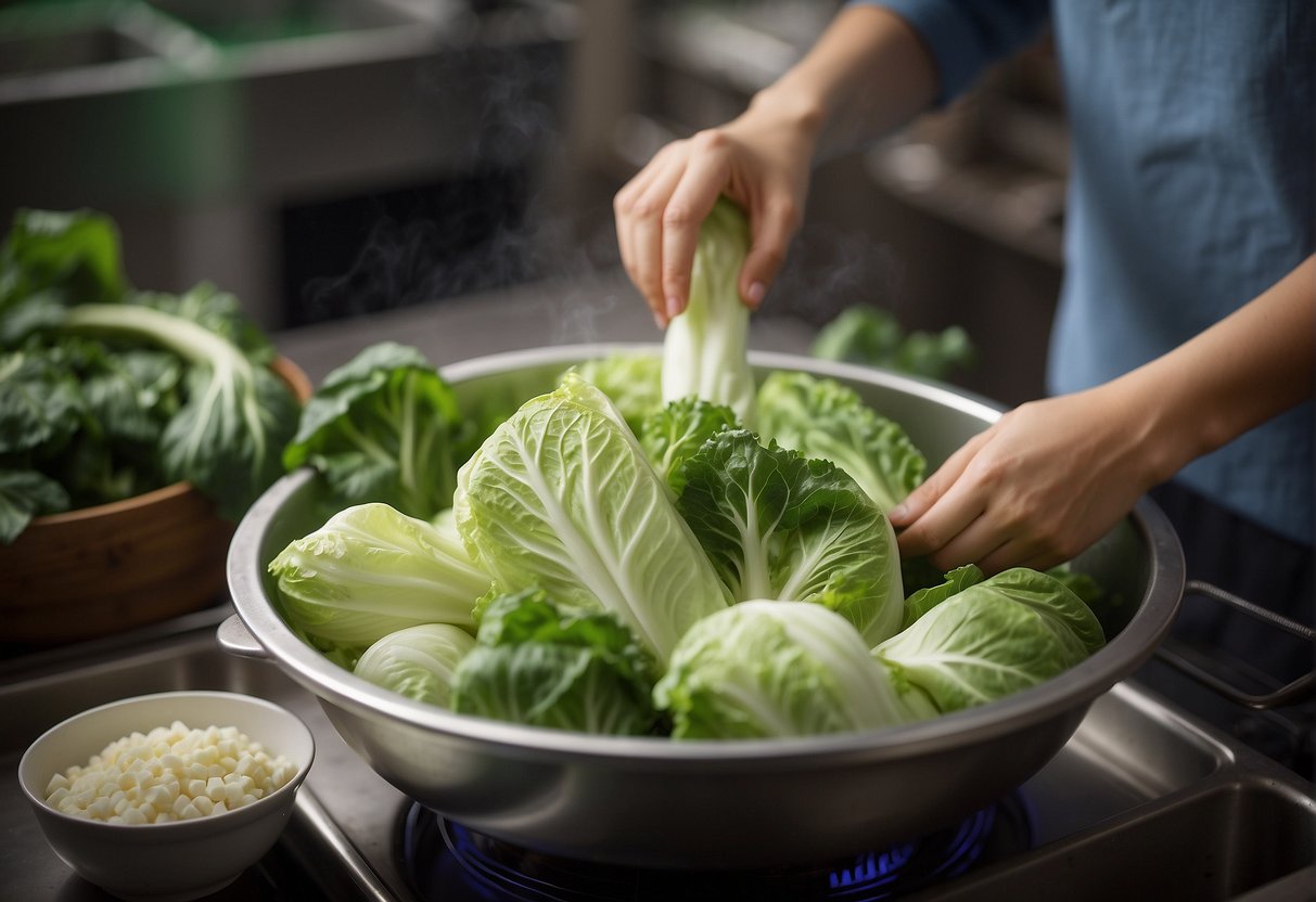 Chinese cabbage being selected and washed, then placed in a steamer with other ingredients