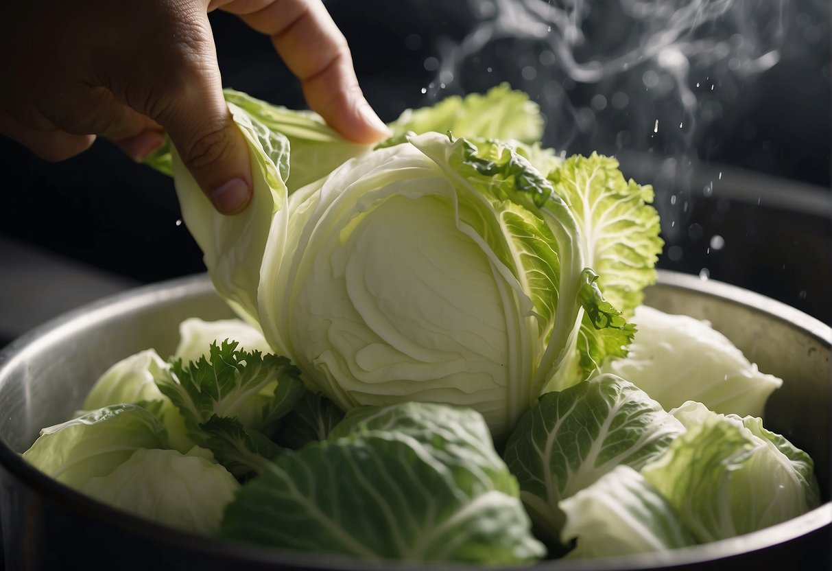 Chinese cabbage being washed, chopped, and steamed in a bamboo steamer over boiling water