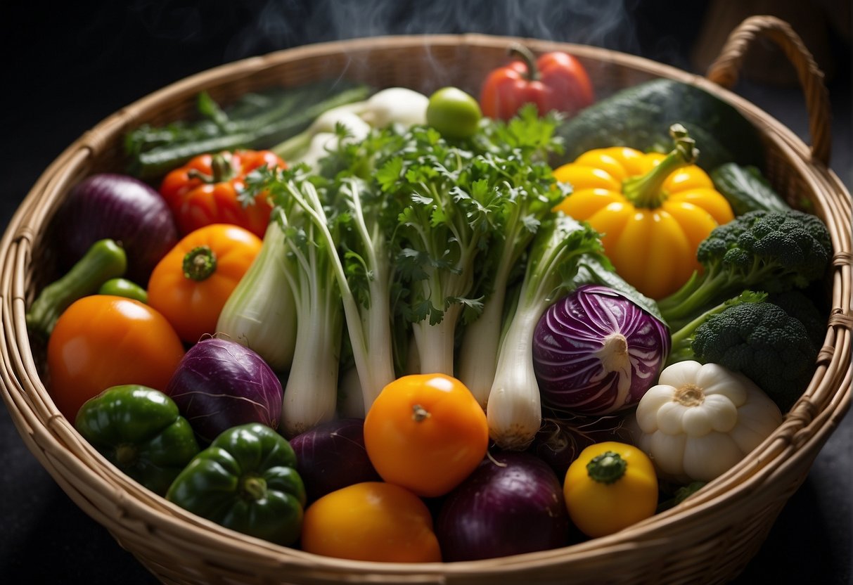 A variety of colorful Chinese vegetables are arranged on a steaming basket, emitting aromatic steam