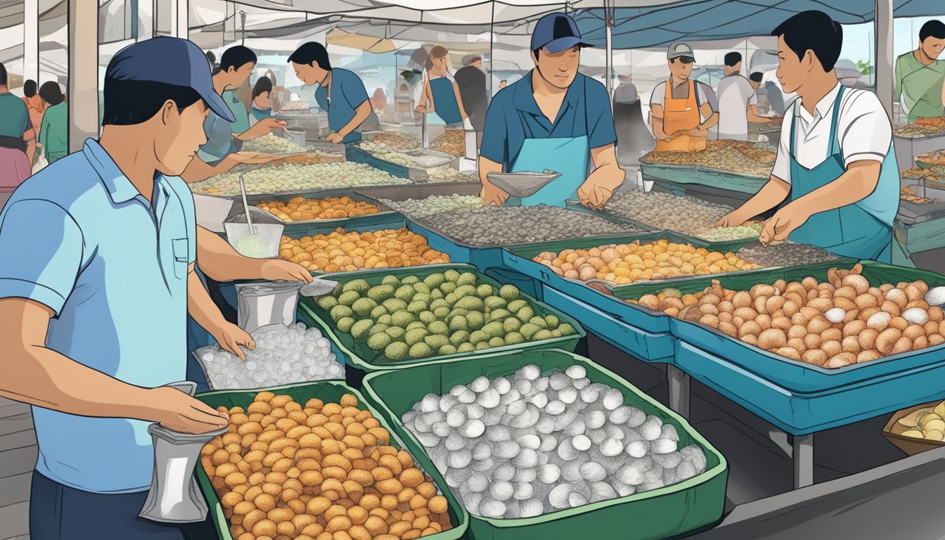 A bustling seafood market in Singapore displays fresh shucked cockles in ice-filled trays, with vendors calling out to passersby