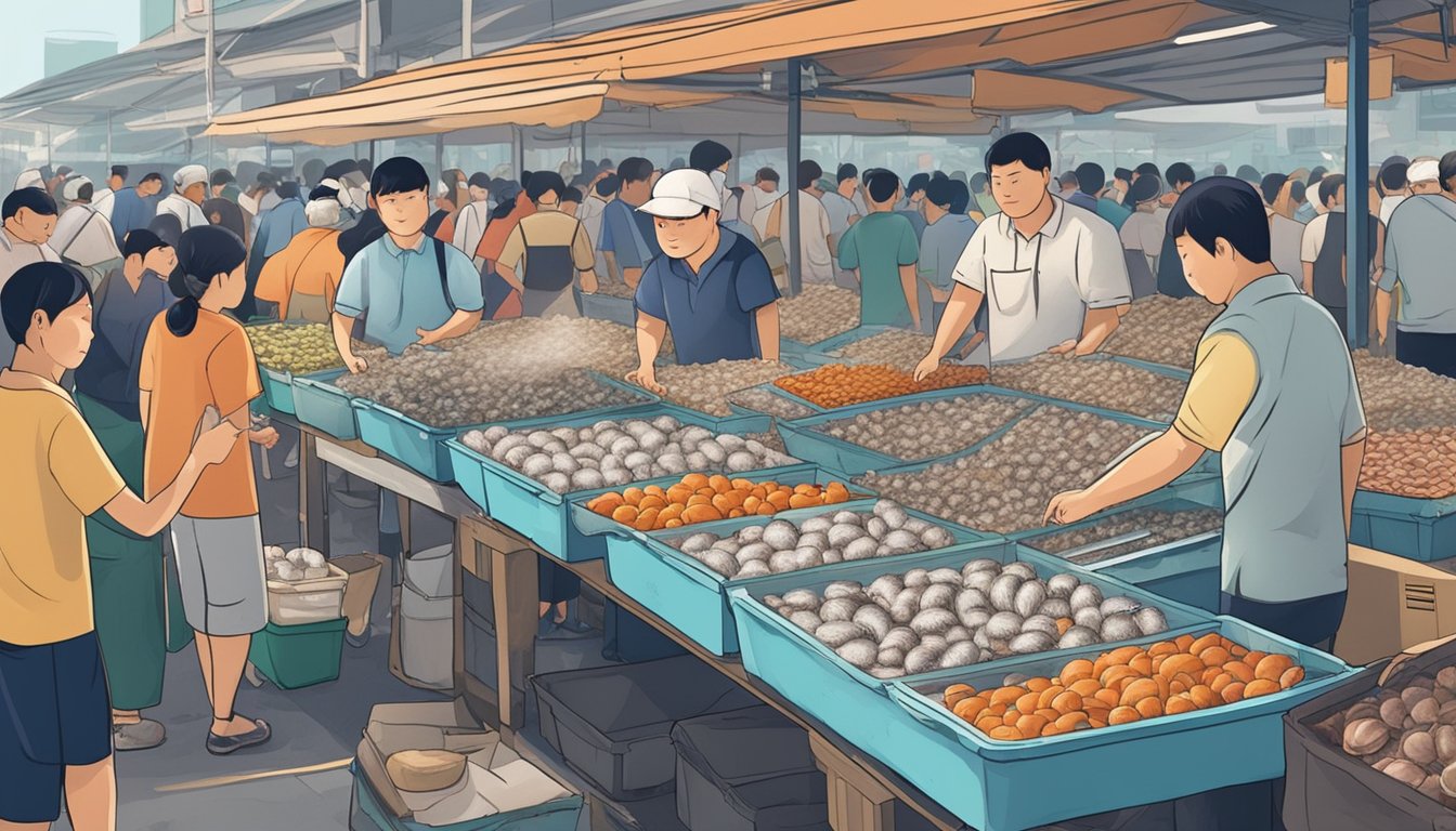 A bustling seafood market in Singapore with vendors displaying fresh shucked cockles in ice-filled trays, surrounded by eager customers