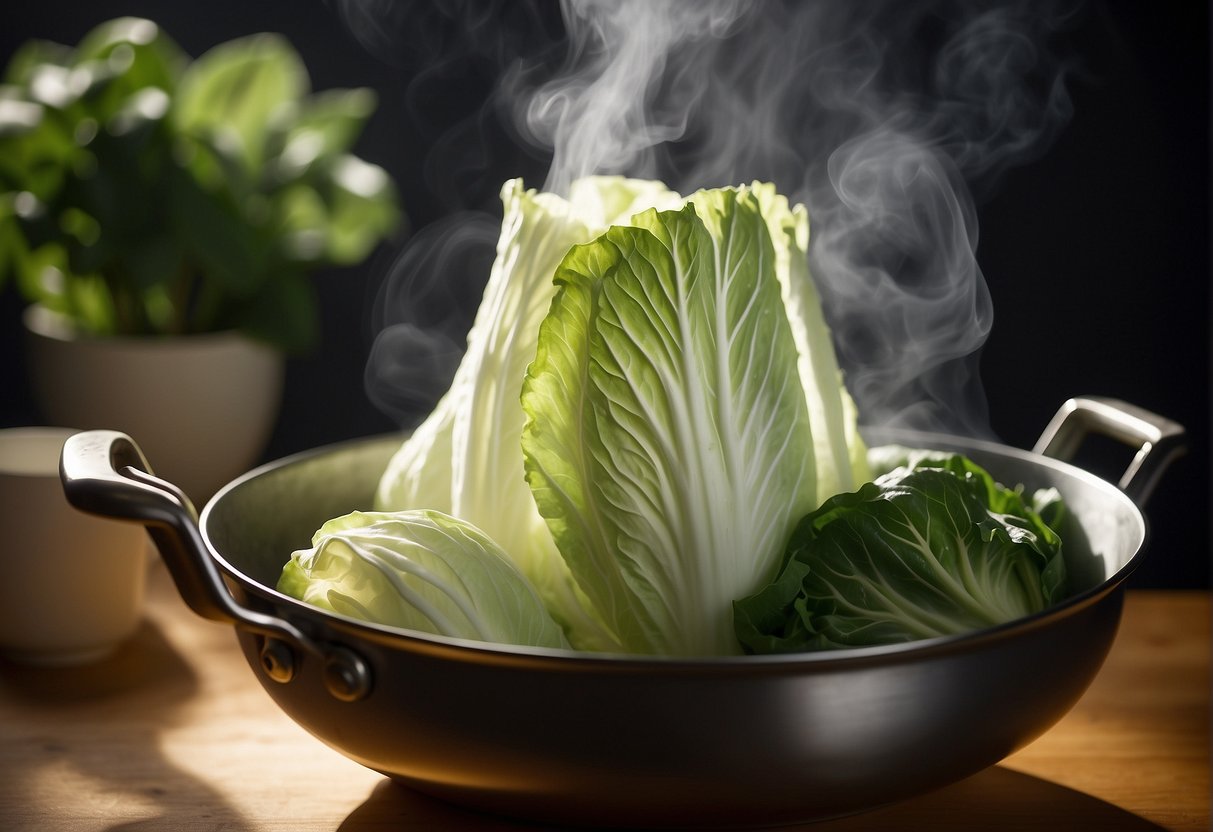 Chinese cabbage being steamed in a bamboo steamer over a pot of boiling water. Steam rising, lid on, and a timer set