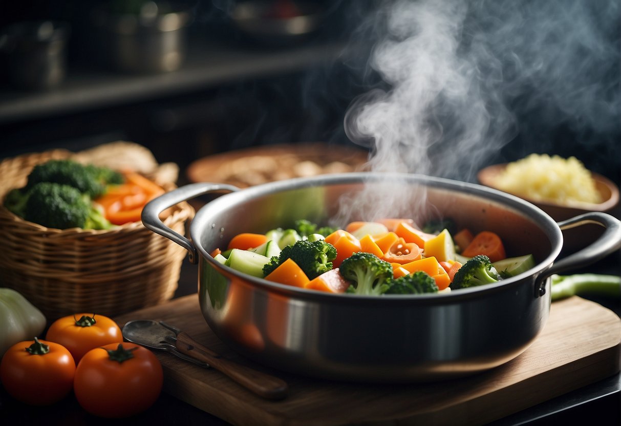 A pot of boiling water with assorted chopped Chinese vegetables, a steamer basket, and a pair of tongs for preparation
