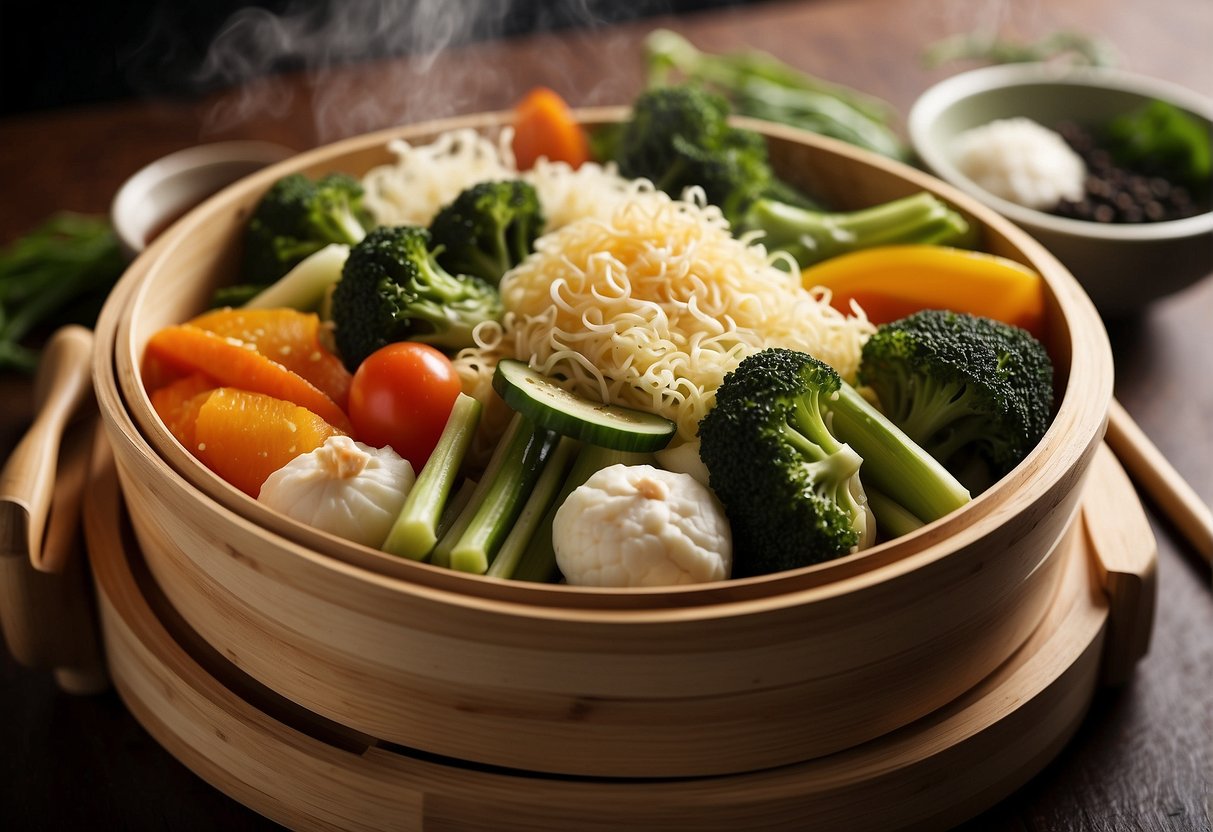 Steamed Chinese vegetables surrounded by various seasonings and flavor enhancers on a bamboo steamer