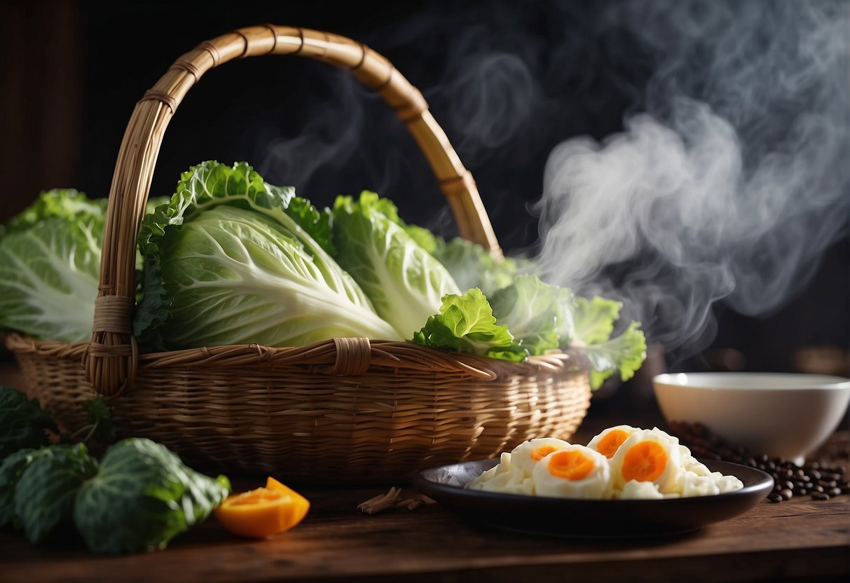 A steaming bamboo basket filled with fresh Chinese cabbage, surrounded by small dishes of soy sauce and sesame oil