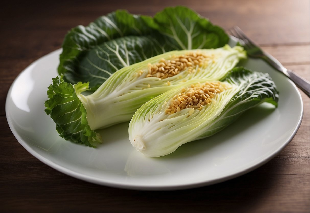 Fresh Chinese cabbage on a clean white plate, with a fork and knife beside it. A nutrition label with the title "Nutritional Information" is displayed next to the plate