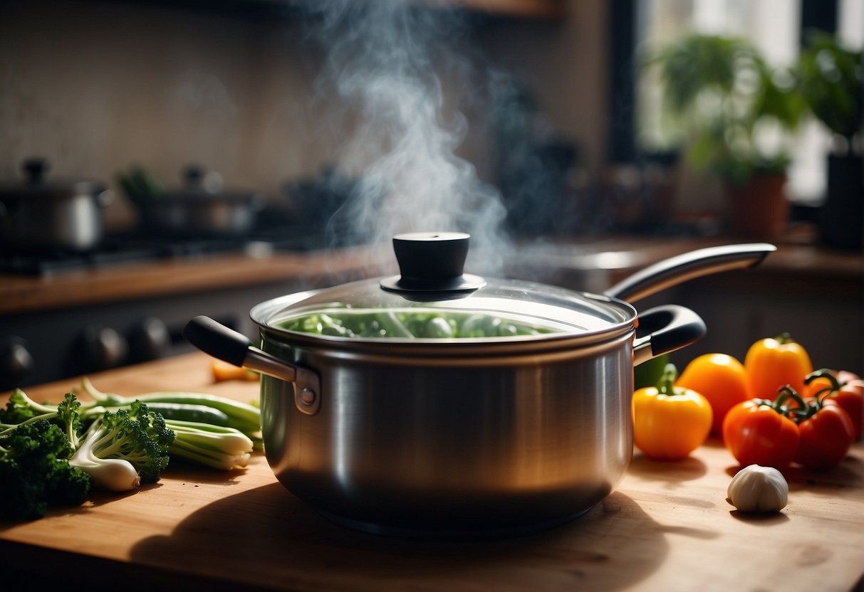 A pot steams on a stove. Chinese vegetables sit on a cutting board. Steam rises as the vegetables are placed into the pot