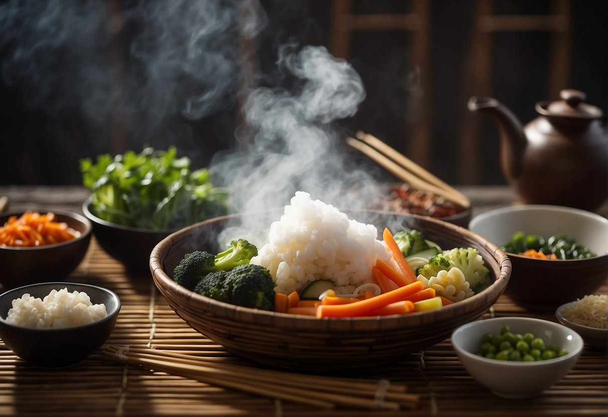A steaming basket of colorful Chinese vegetables sits on a bamboo mat, surrounded by traditional serving dishes and chopsticks