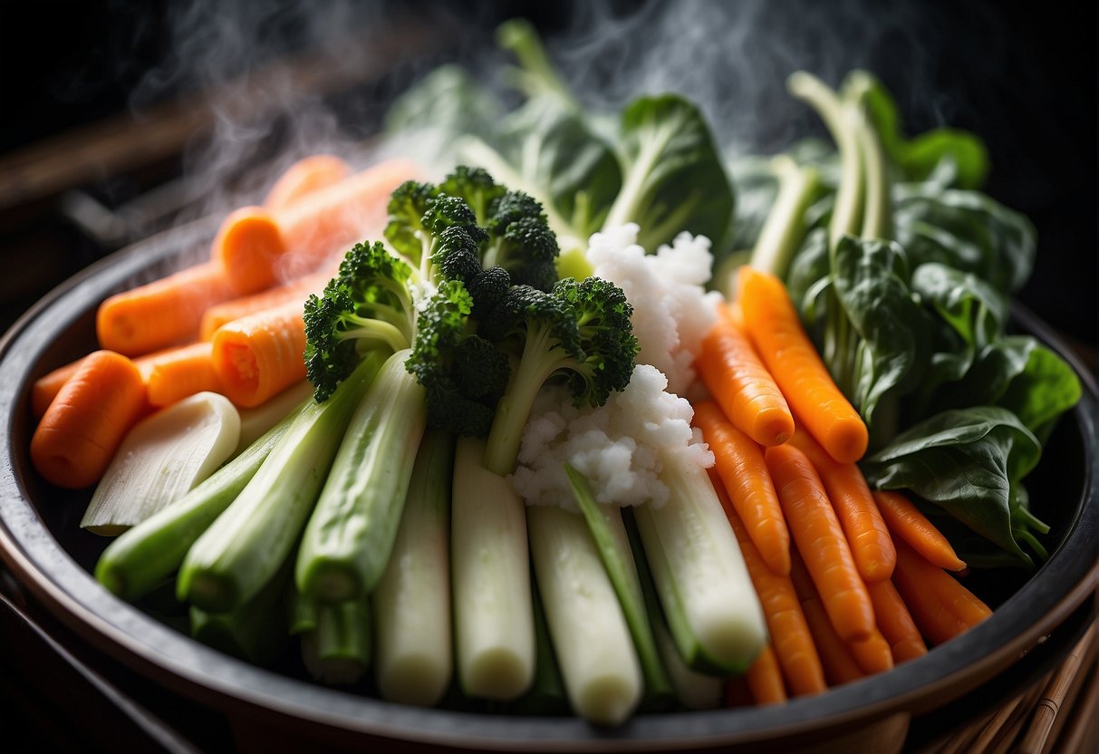 Steamed Chinese vegetables arranged on a bamboo steamer, with wisps of steam rising from the colorful assortment of bok choy, snow peas, and carrots