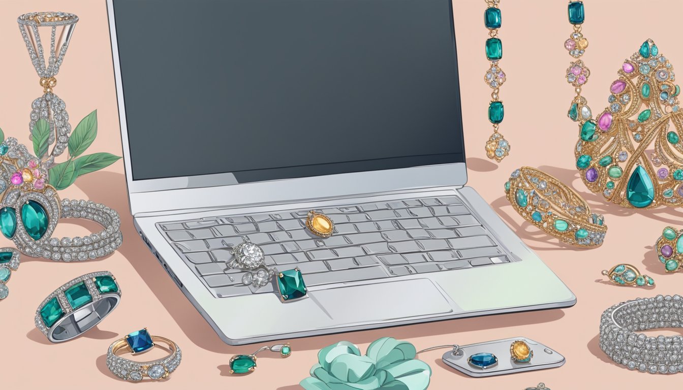 A laptop open with a variety of wedding jewellery displayed on the screen, a hand reaching for the mouse to make a selection