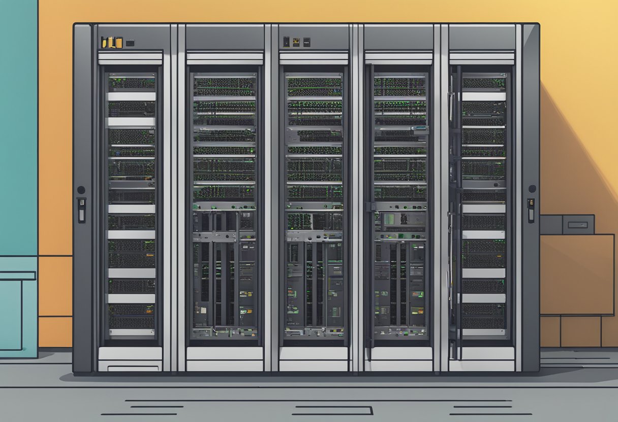 A sturdy lock secures a sleek server rack labeled "wpx webhosting," surrounded by redundant power supplies and cooling systems