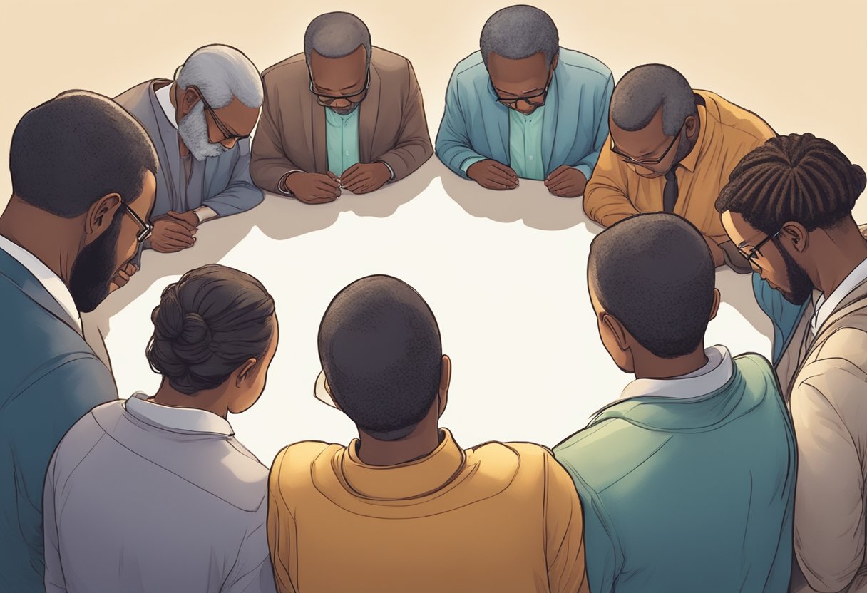 A group of leaders gather in a circle, heads bowed in prayer. A sense of hope and determination fills the air as they seek divine intervention for overcoming barrenness in their leadership