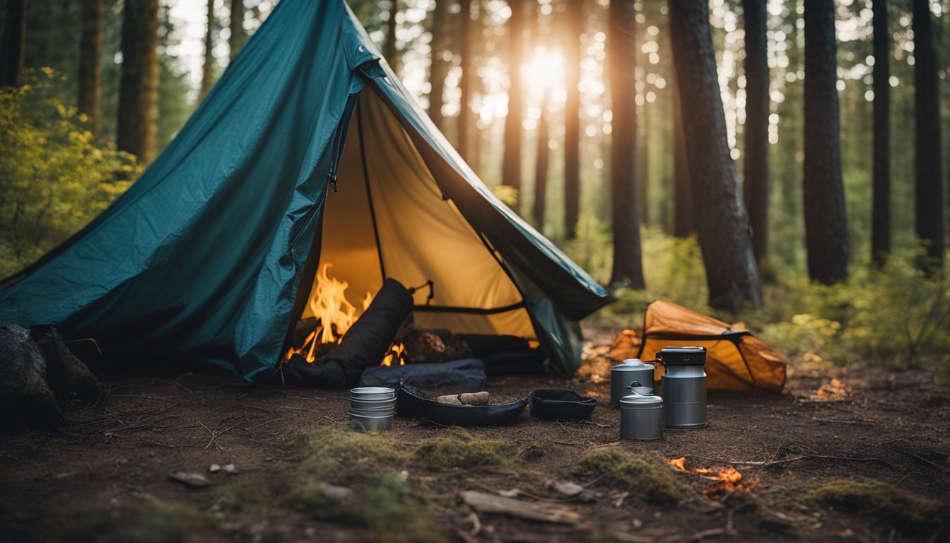 A tarp is set up between two trees, with a sleeping bag and camping gear underneath. A small campfire is burning nearby