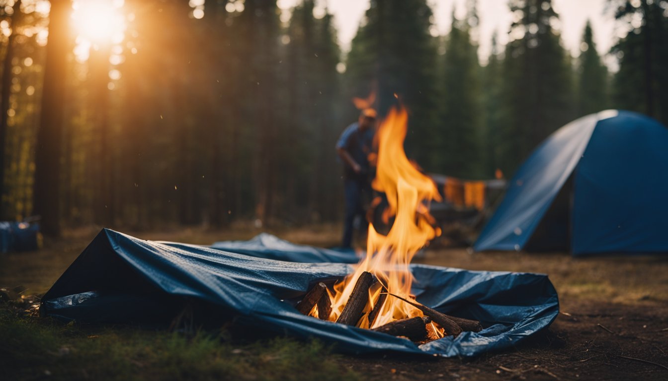 A tarp is stretched tightly over a campsite, protecting it from wind and rain. The flames of a campfire flicker in the foreground, providing warmth and light