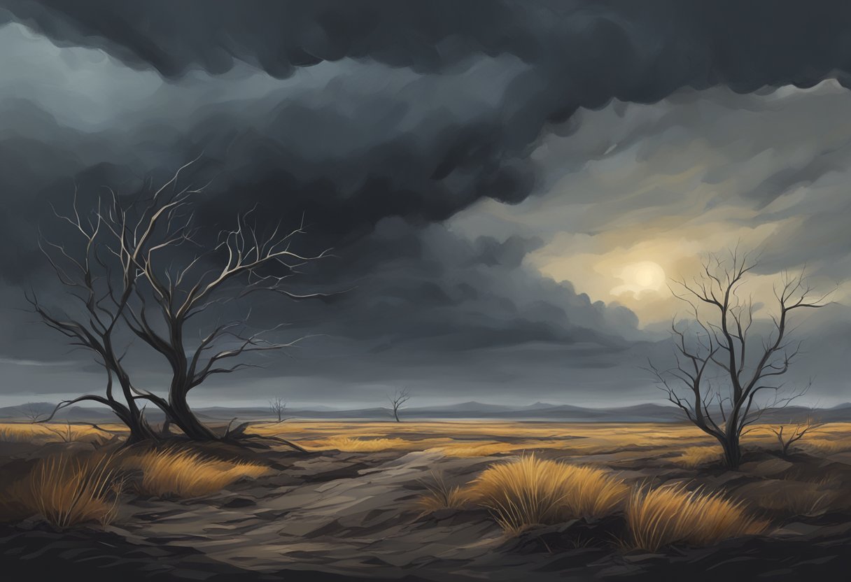 A desolate landscape with wilted plants and a dark, stormy sky, symbolizing the struggle and emptiness of leadership barrenness