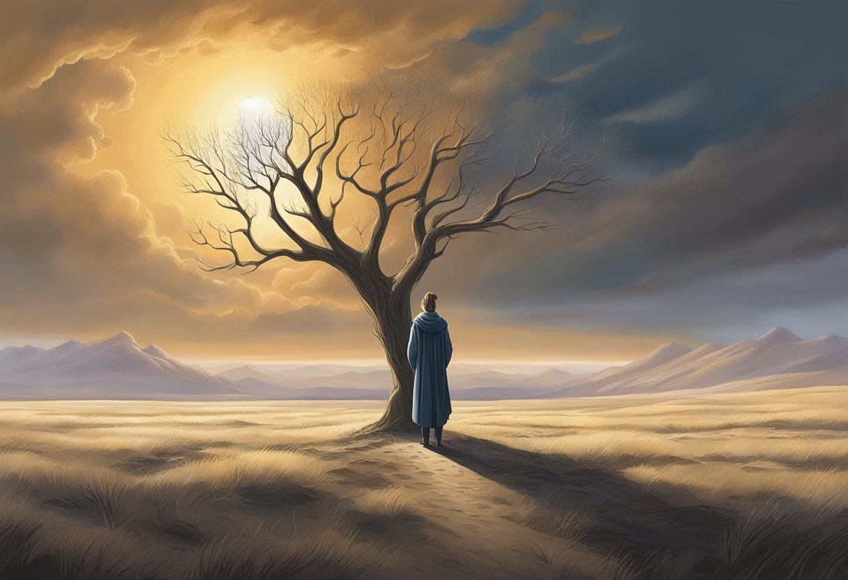 A figure stands in a vast, barren landscape, surrounded by withered trees and empty fields. Above, a bright light breaks through the dark clouds, symbolizing hope and spiritual guidance