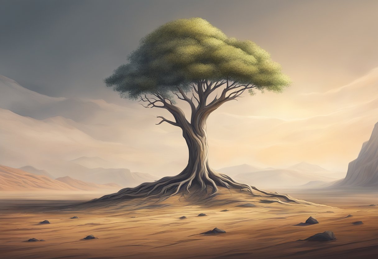 A barren landscape with a single, resilient tree standing tall amidst the desolation, symbolizing the struggle and perseverance of overcoming barrenness in leadership