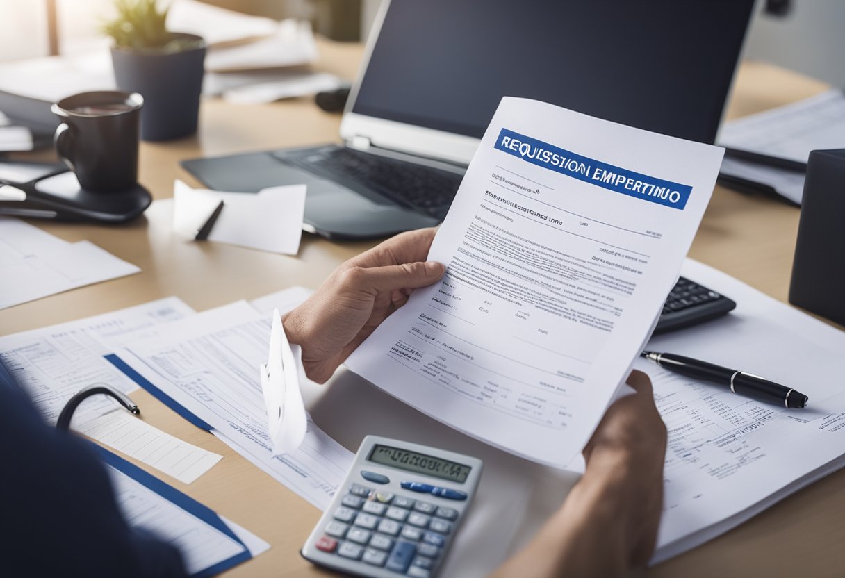 A person with a frown holding a document with the title "Requisitos Para Solicitar Empréstimo Negativado" while surrounded by financial documents and a calculator