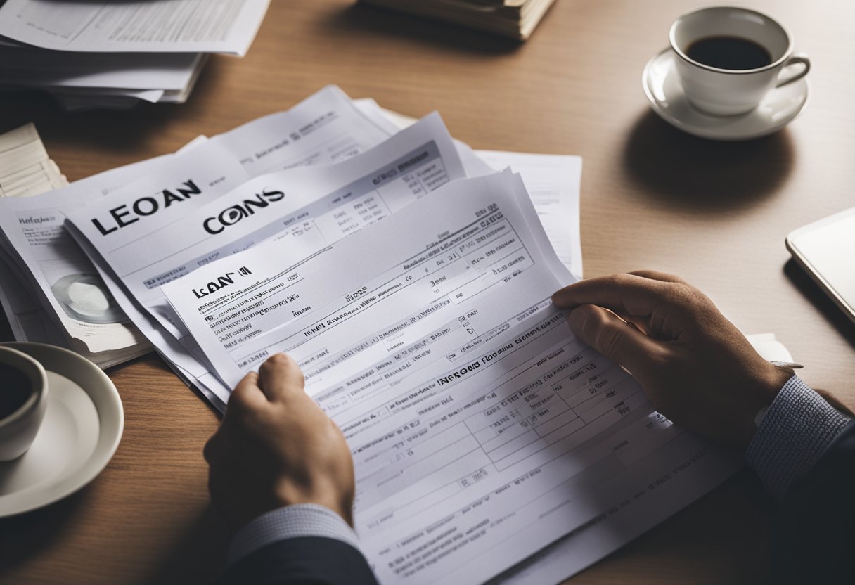 A person with a frown looks at a pile of bills and a list of loan options, weighing the pros and cons of getting a loan while being in debt