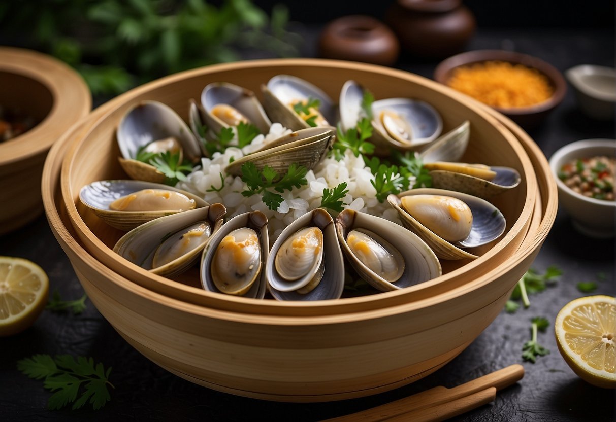 Steamed clams in a traditional Chinese recipe, arranged in a bamboo steamer with aromatic herbs and spices