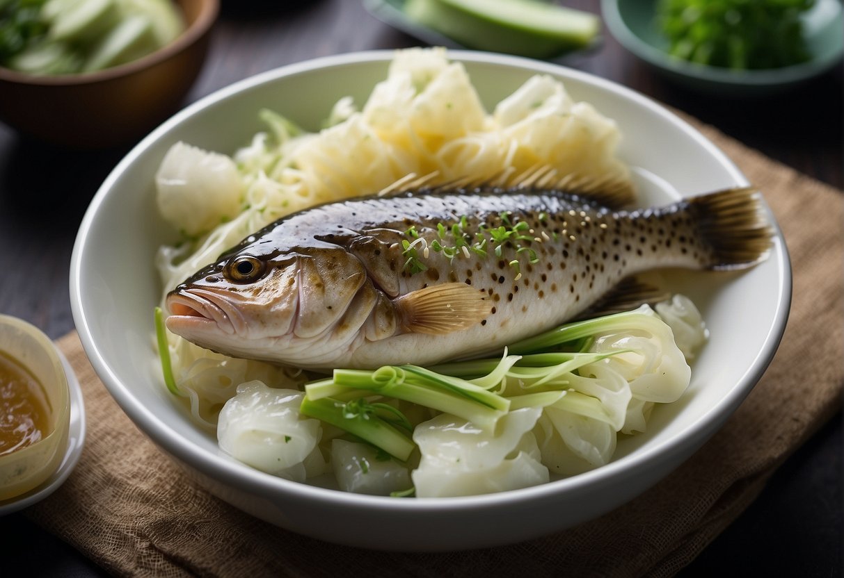 A whole grouper fish being steamed in a bamboo steamer with ginger, scallions, and soy sauce on a bed of Napa cabbage