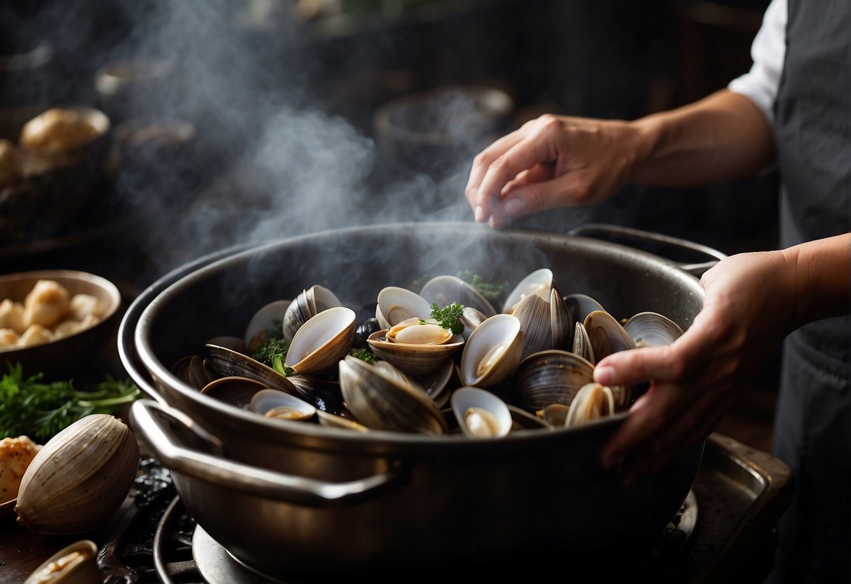 A hand reaches into a pot of steaming clams, selecting the plumpest ones for a Chinese recipe. Steam rises from the pot, and the clams glisten in the light