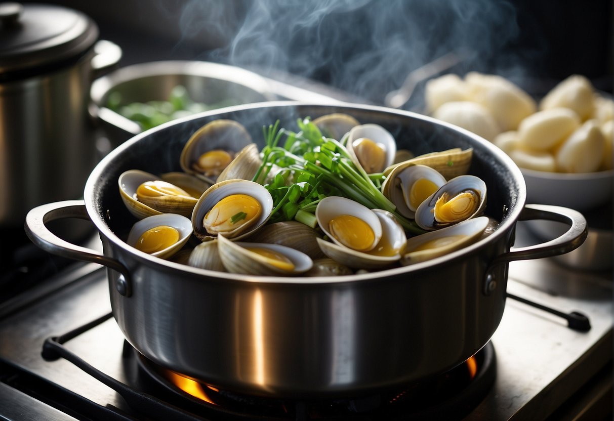 A pot of steamed clams sits on a stove, surrounded by ingredients like ginger, garlic, and green onions. Steam rises from the pot, filling the kitchen with the aroma of a traditional Chinese recipe