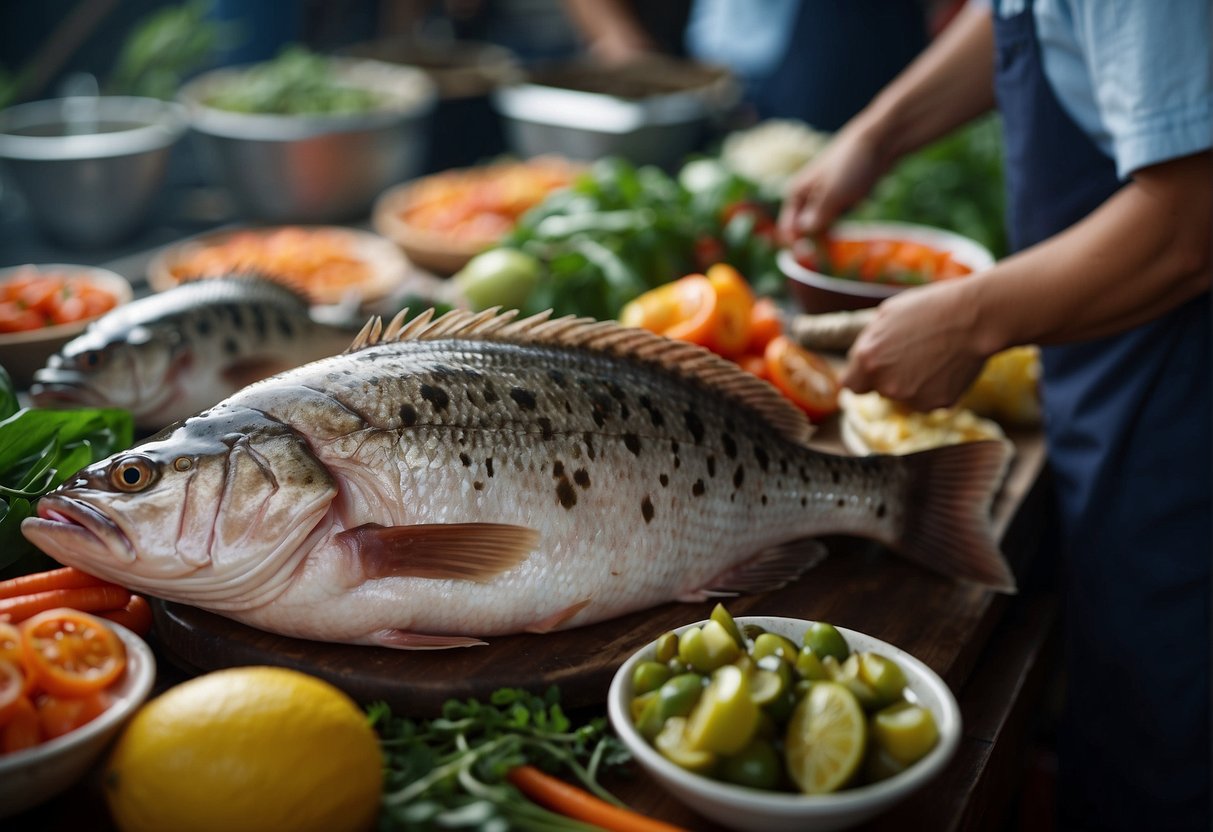 A whole grouper fish is being carefully selected from a market stall, surrounded by vibrant, fresh ingredients and traditional Chinese cooking utensils