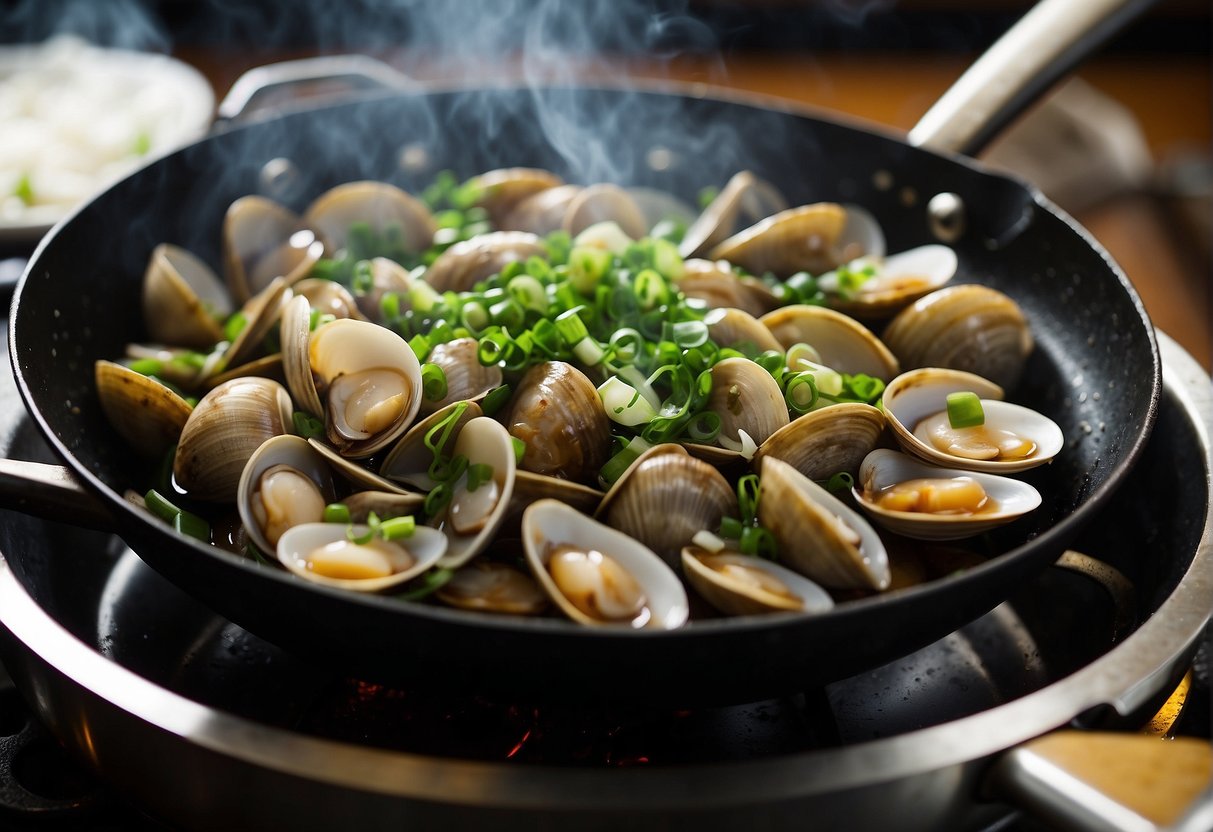 Clams steaming in a wok with ginger, garlic, and scallions. Soy sauce and rice wine sizzling as they're added