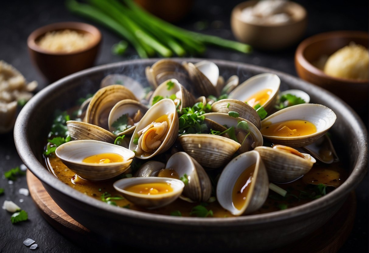 Steamed clams sizzle in a savory Chinese sauce, surrounded by aromatic garlic, ginger, and scallions. A hint of steam rises from the pot, adding to the mouthwatering scene