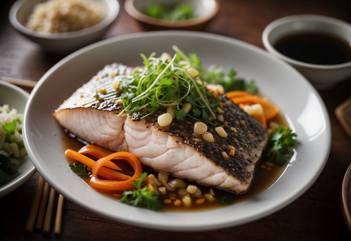 A steamed grouper dish is being prepared with essential Chinese ingredients