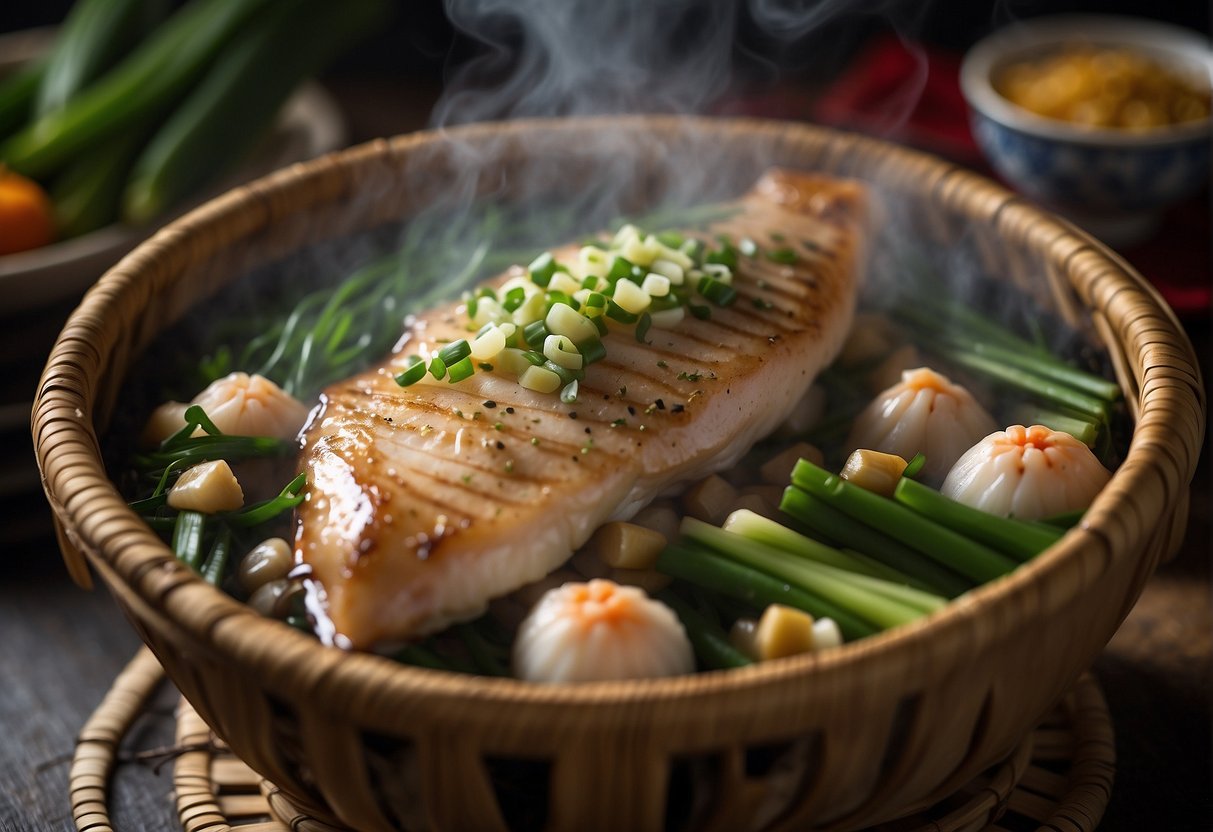 Grouper being steamed in a traditional Chinese steaming basket, surrounded by aromatic steam and garnished with ginger and green onions