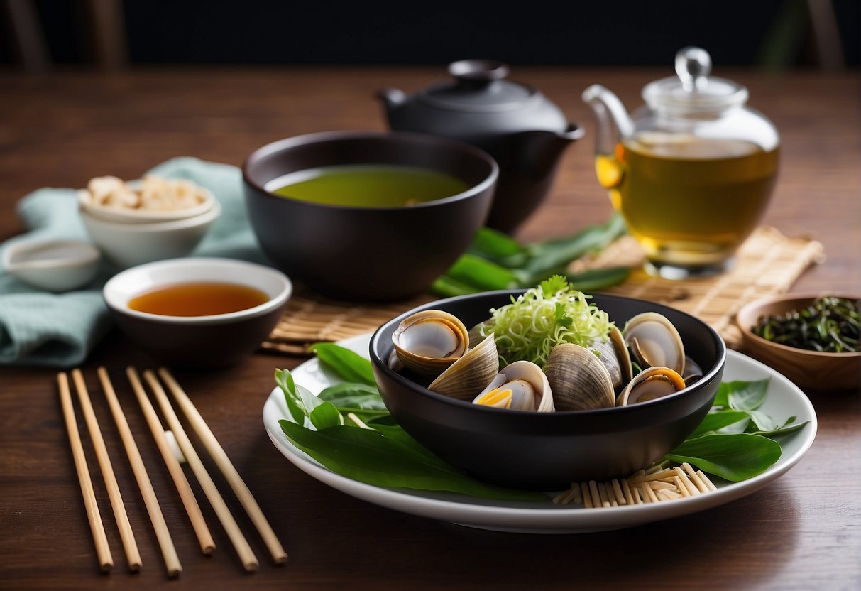 A table set with steamed clams, chopsticks, and a bottle of soy sauce. A bowl of steamed rice and a pot of green tea complete the scene