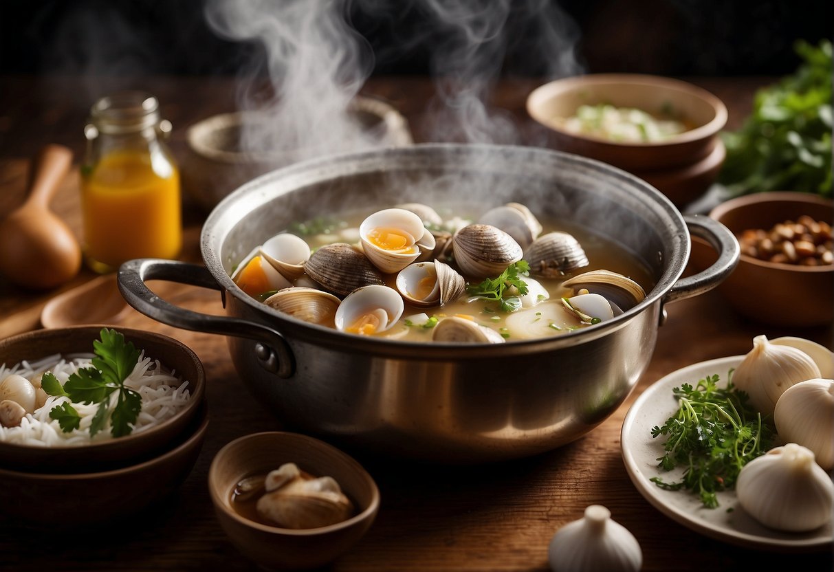 Steam rises from a pot of clams in a flavorful Chinese broth, surrounded by various ingredients and cooking utensils. A recipe book titled "Frequently Asked Questions" is open to the page for the dish