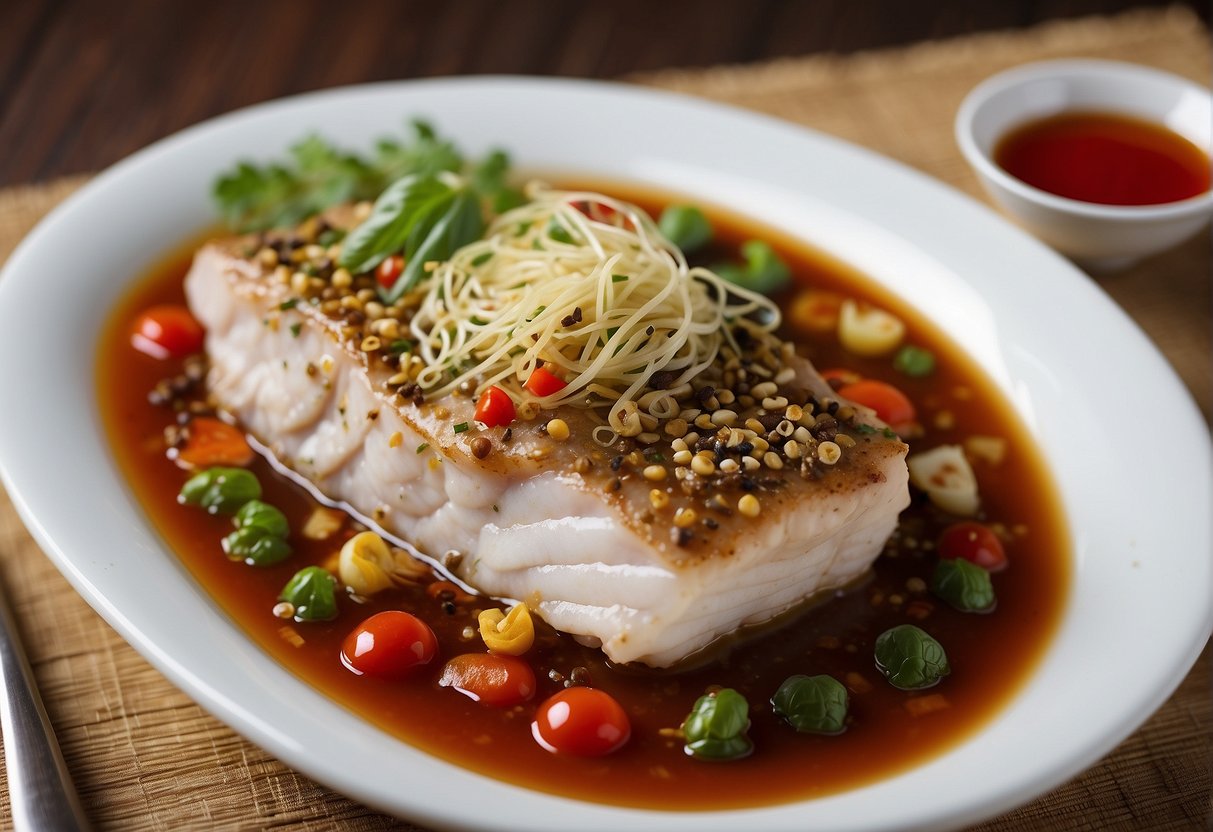 A steamed grouper dish with Chinese sauce and toppings, surrounded by traditional Chinese spices and herbs