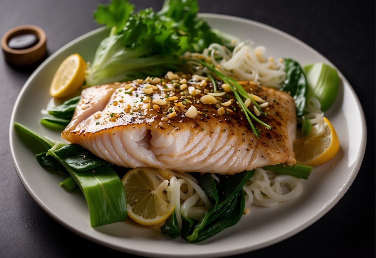 A steamed grouper dish is placed on a round platter, garnished with ginger, scallions, and soy sauce. The fish is surrounded by vibrant green bok choy, adding color and texture to the presentation