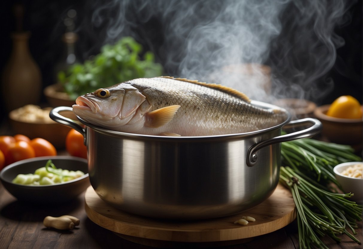 Steaming pot with whole grouper, surrounded by Chinese ingredients and utensils. Steam rising from the pot, creating a mouthwatering aroma