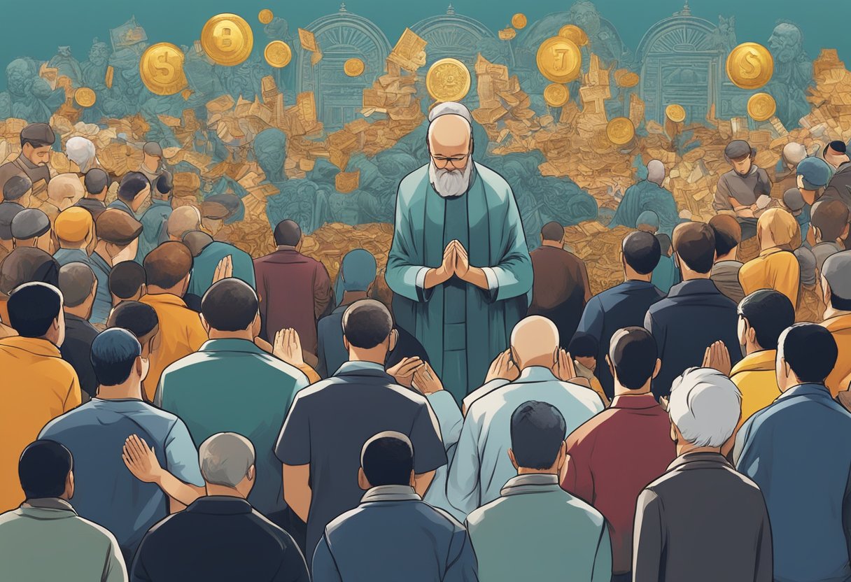 A group of people bow their heads in prayer, surrounded by symbols of wealth and stability, amidst a backdrop of economic chaos
