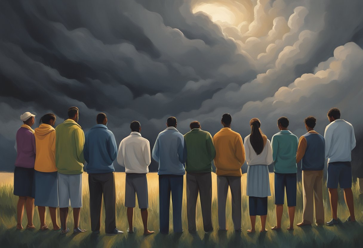 People gathered in a circle, heads bowed, hands clasped in prayer. Dark storm clouds loom overhead, symbolizing economic turmoil. A sense of hope and unity in the midst of uncertainty