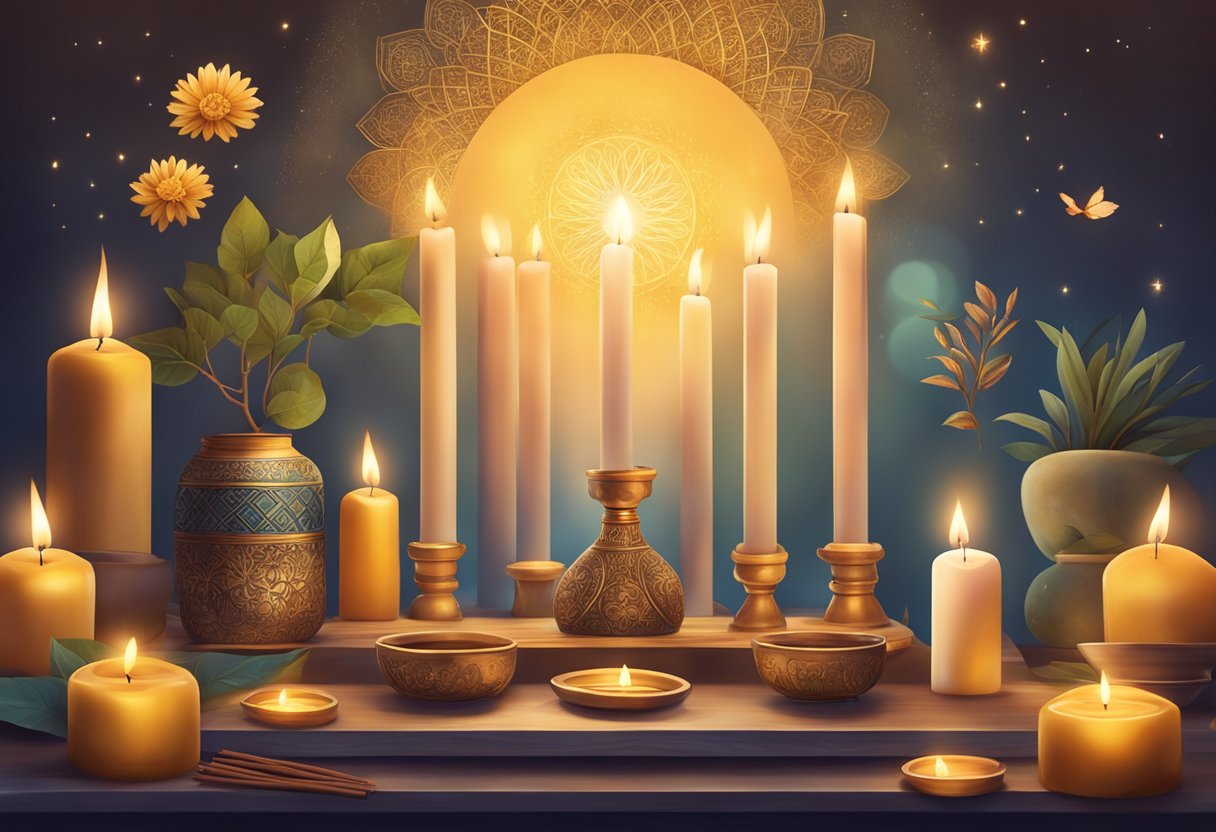 A serene, candle-lit altar with symbols of prosperity and abundance, surrounded by incense smoke and soft glowing light