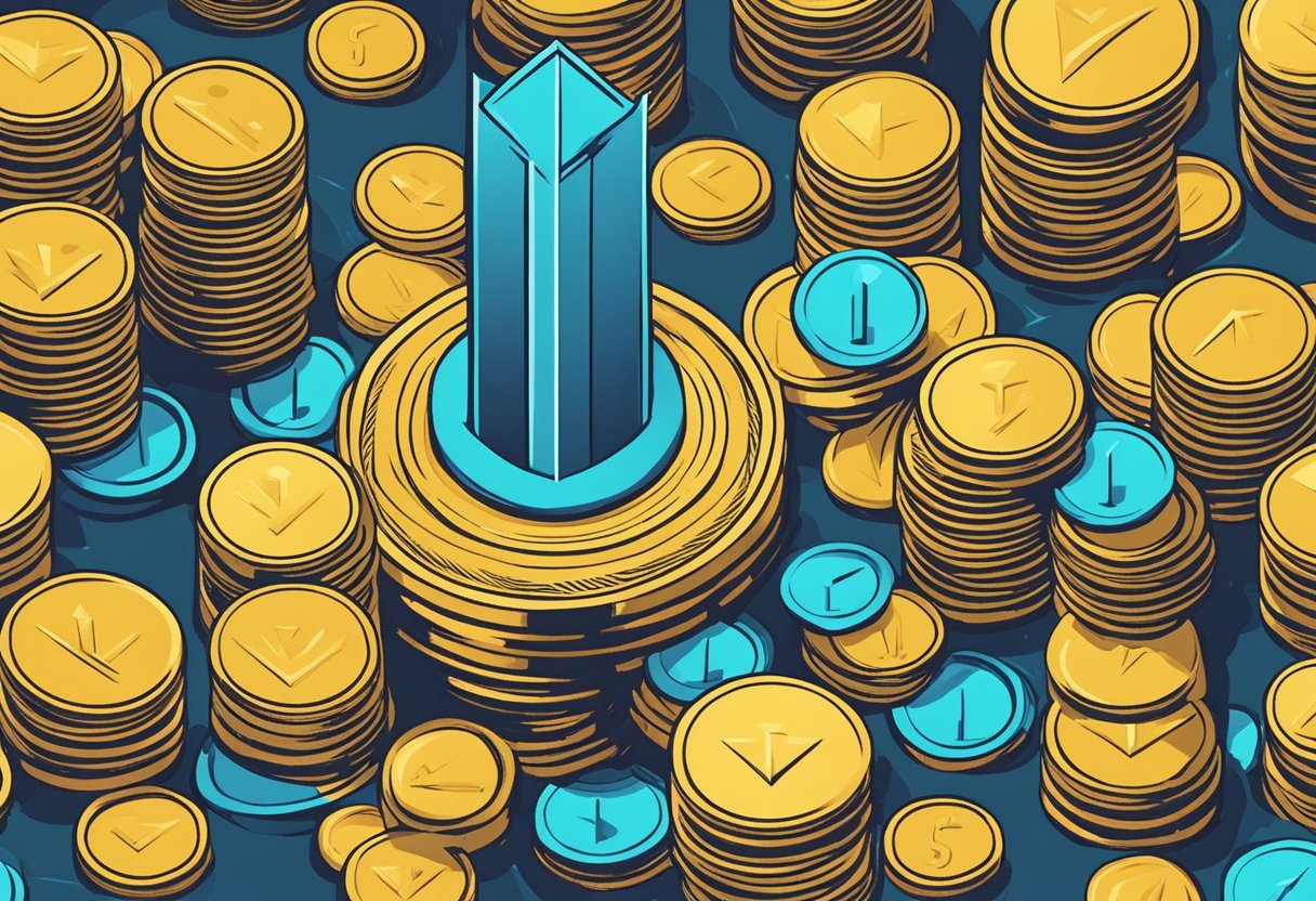 A stack of coins grows taller, surrounded by a shield to symbolize stability, while arrows point upwards to represent financial growth
