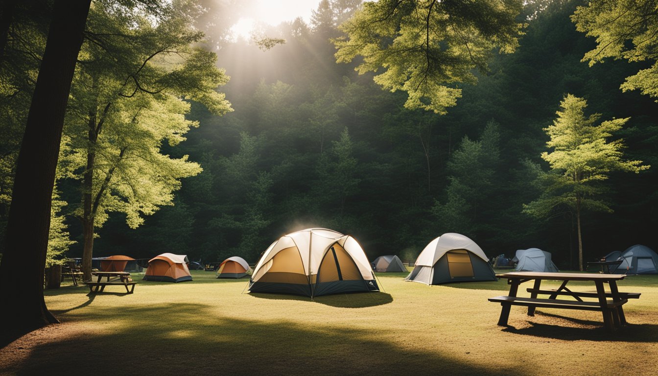 A serene campground nestled in the Kentucky wilderness, with spacious campsites, lush greenery, and a cozy campfire area