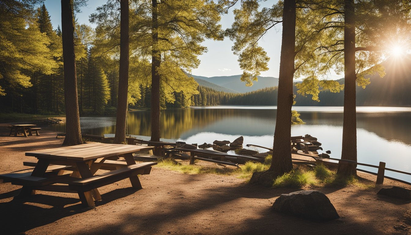 The campground features picnic tables, fire pits, and hiking trails. Families enjoy fishing, kayaking, and birdwatching by the lake