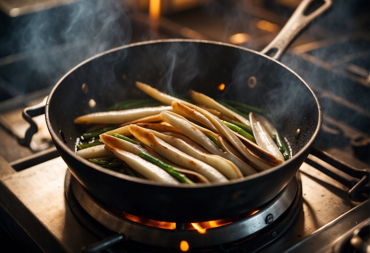 Razor clams sizzle in a wok with ginger, garlic, and soy sauce. Steam rises as the savory aroma fills the kitchen
