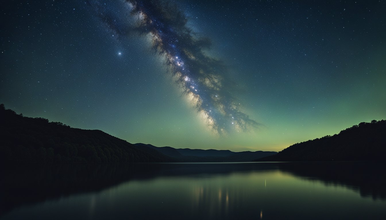 A serene lake surrounded by lush green mountains and a campfire glowing under the starry night sky in Kentucky