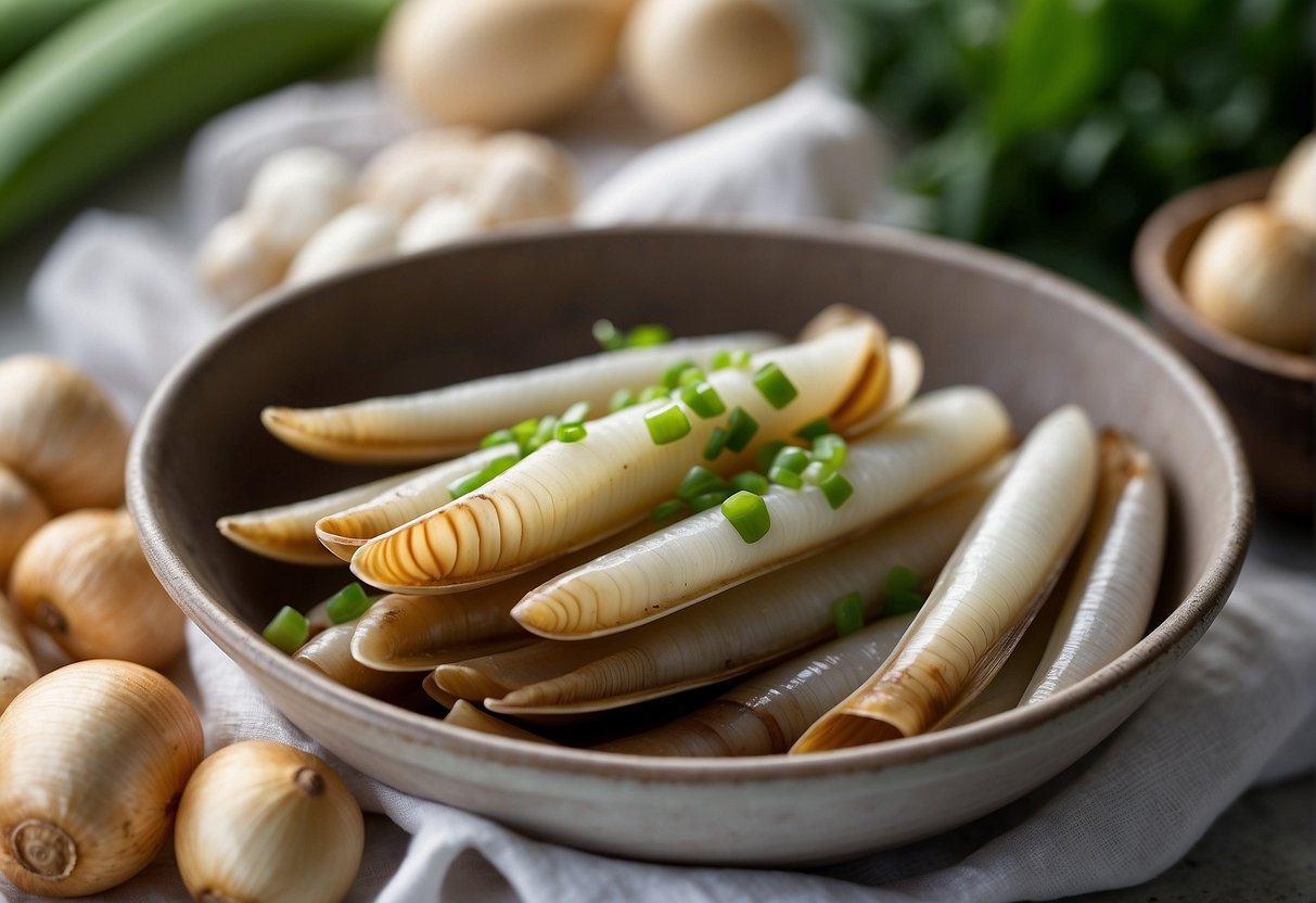 Razor clams laid out on a clean, white surface, surrounded by fresh ginger, garlic, and green onions. A steaming pot sits nearby, ready to cook