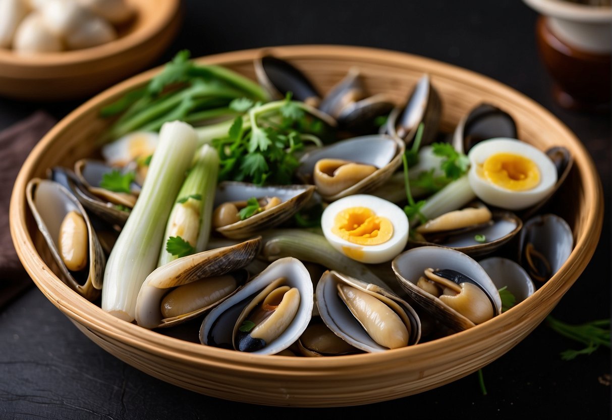 Steamed razor clams, ginger, garlic, soy sauce, and green onions on a bamboo steamer. Potential substitutes include mussels or other types of clams