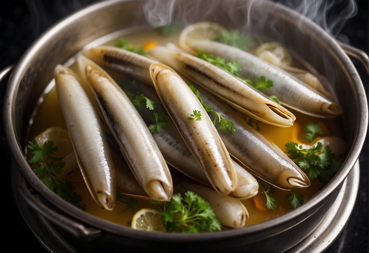 Razor clams steaming in a bamboo steamer over a pot of boiling water. Aromatic Chinese herbs and spices surround the clams