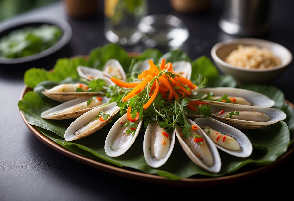 A platter of steamed razor clams, garnished with fresh herbs and sliced chilies, is elegantly presented on a bed of steamed lotus leaves