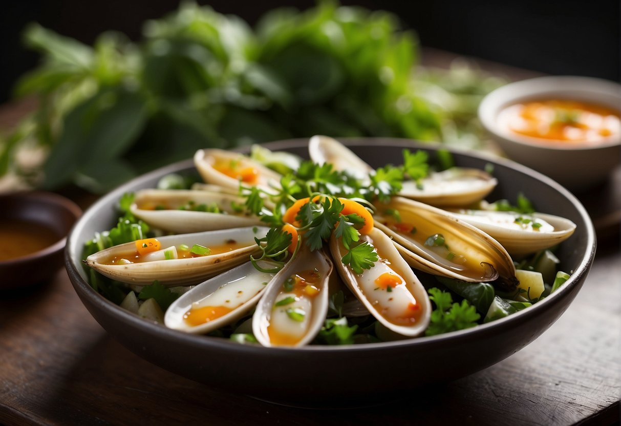 Steamed razor clams sit on a bed of Chinese vegetables, with a drizzle of savory sauce. Nutritional information is displayed next to the dish